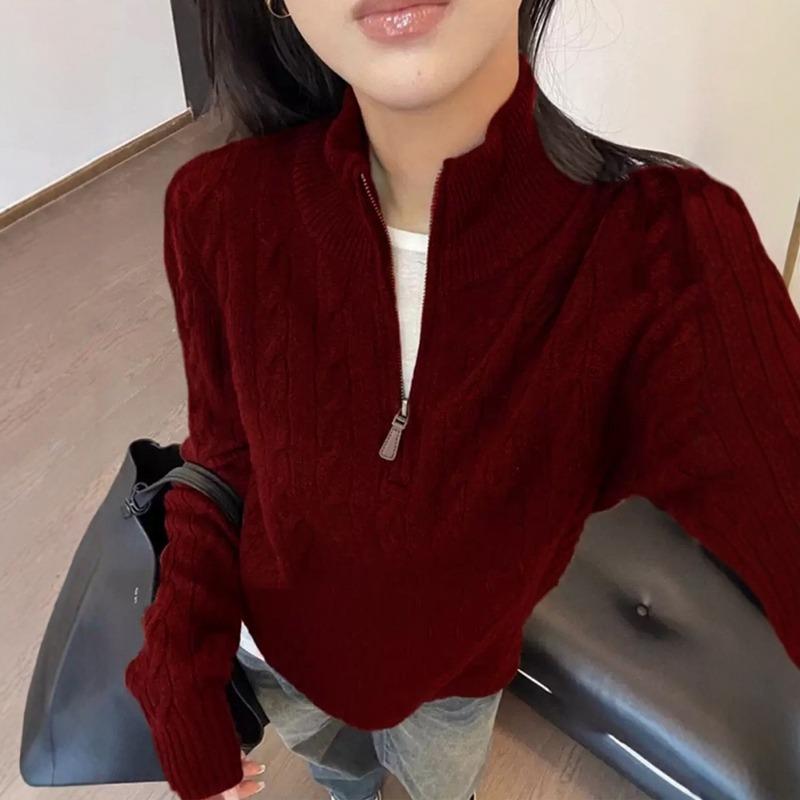 Retro stand-up collar half-zipper twist sweater for women's autumn and winter fashion high-end sense soft waxy outer knitted top for women