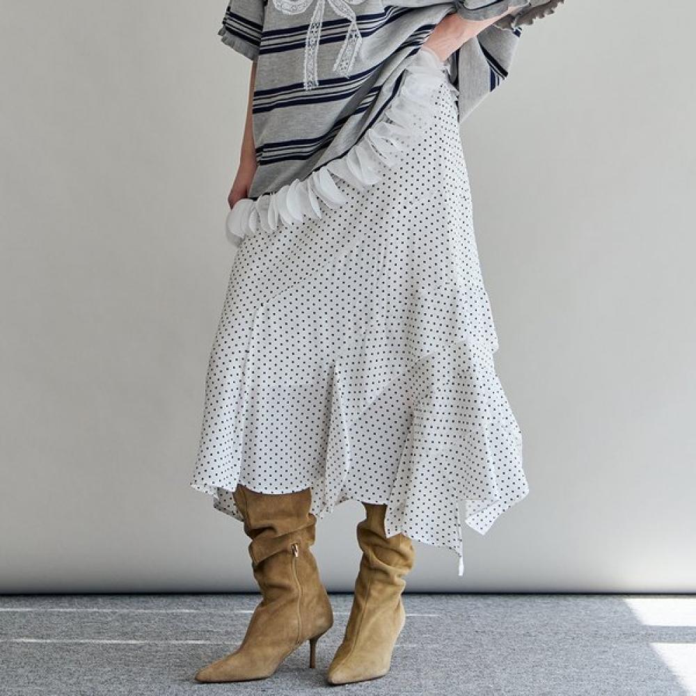 Maxza Unbalanced Ruffle Dot Flare Long Skirt Zf06qs001na Ivory/FREE