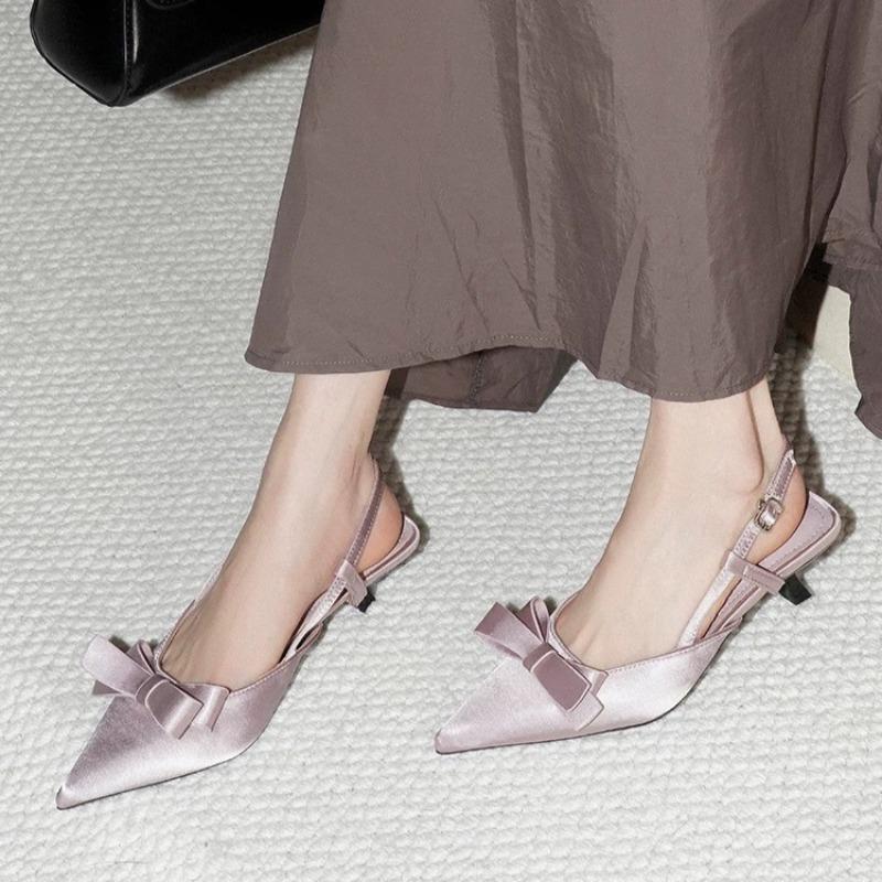 

Silk Satin Gentle Bow Single Shoes Women s Back Trip Strap Bag Top Beautiful Temperament Sandals 35 фиолетовый