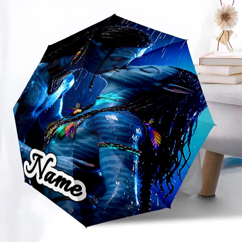Avatar Inspired Blue Raincoat with Feather Necklace Automatic Opening Umbrella, Foldable Design, Outdoor Use, Gift for Fans and Travelers018