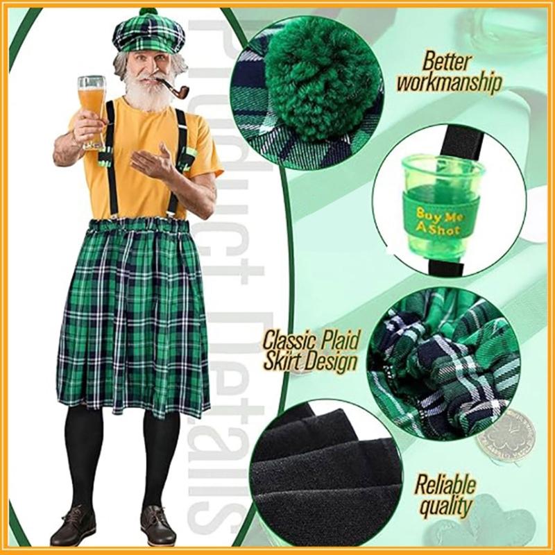Patrick's Day Bartender Costume Irish Festival Outfits for Adult with Hat Skirt Men Brace Suspenders Stocking for Men