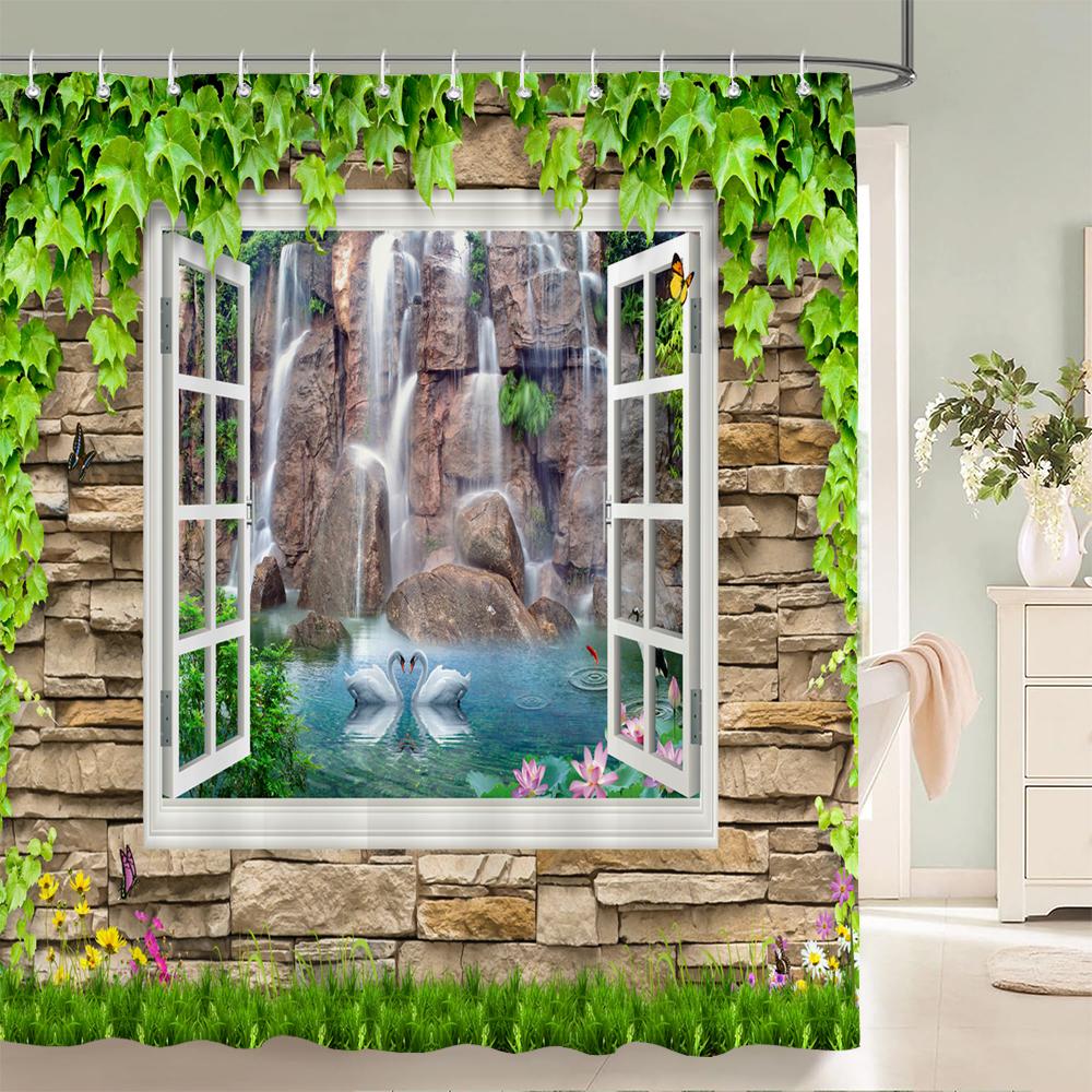 Flower Scenery In Rural Towns Printed Shower Curtain 3D Street Window Flower Landscape Printed Home Decoration Bathroom Curtain