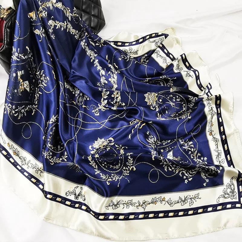 90cm Neckerchief Silk Satin Women Hijab Scaves Fashion Floral Print Headband Neck Scarfs Female Square Shawls Scarfs For Ladies