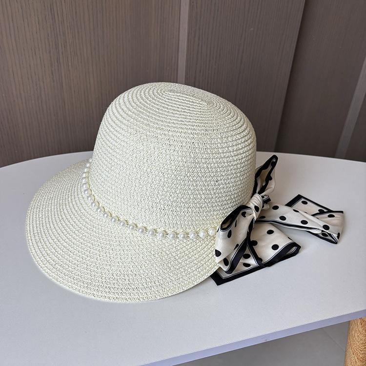 New Dome Duck Tongue Straw Hat Elegant Pearl Polka Dot Streamer Big Edge Beach Hat Seaside Travel Sun Protection Hat