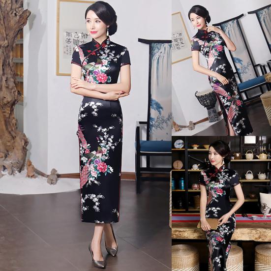 Abito Midi Cheongsam da Donna Cinese a Maniche Corte con Spacco sull'Orlo a Pavone per Banchetto