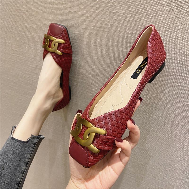 Fashion Women's Single Shoes 2025 New Shallow Metal Buckle Large Size Flat Shoes Square Toe Work Shoes Woven Pattern Shoes
