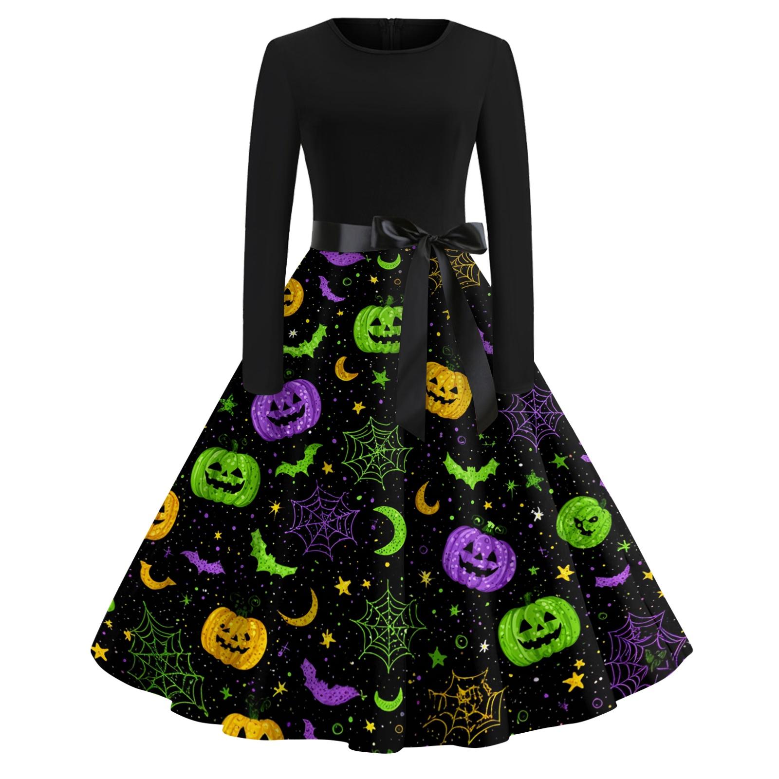 

Women s Vintage Long Sleeve Round Neck Dress Halloween Party Printed Midi Dress with Belt Retro Style XXL