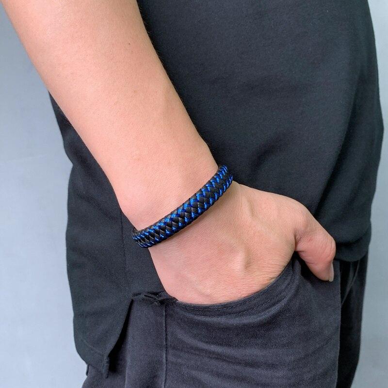 Punk Männer Schmuck Schwarz Blau Rot Geflochtenes Lederarmband Edelstahlverschluss Mann Handgelenk Band Geschenke