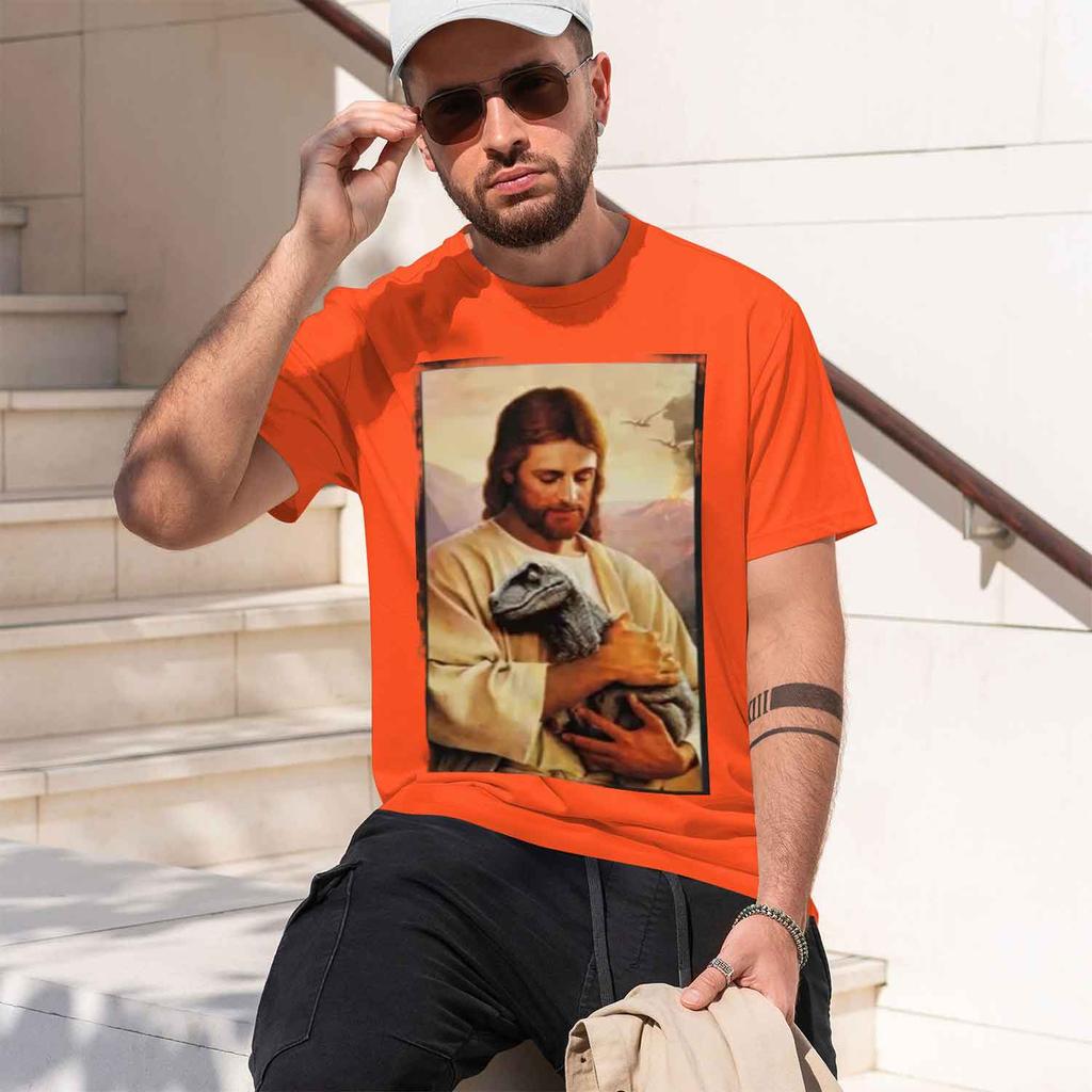 Religious Unisexs Tshirt Jesus Holding A Dinosaur Christian Faith Theme Summer Casual Wear Gift For Religious Believers And Faith
