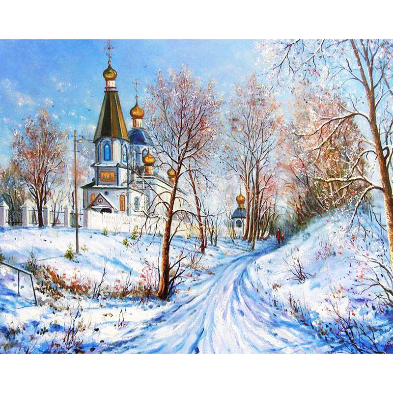 Full Round Diamond Painting Handmade Winter Scenery Cross Stitch 5d Diamond Embroidery House Landscape Decor