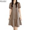 ZANZEA Women Casual Round Neck Grid Print Short Sleeve Dress