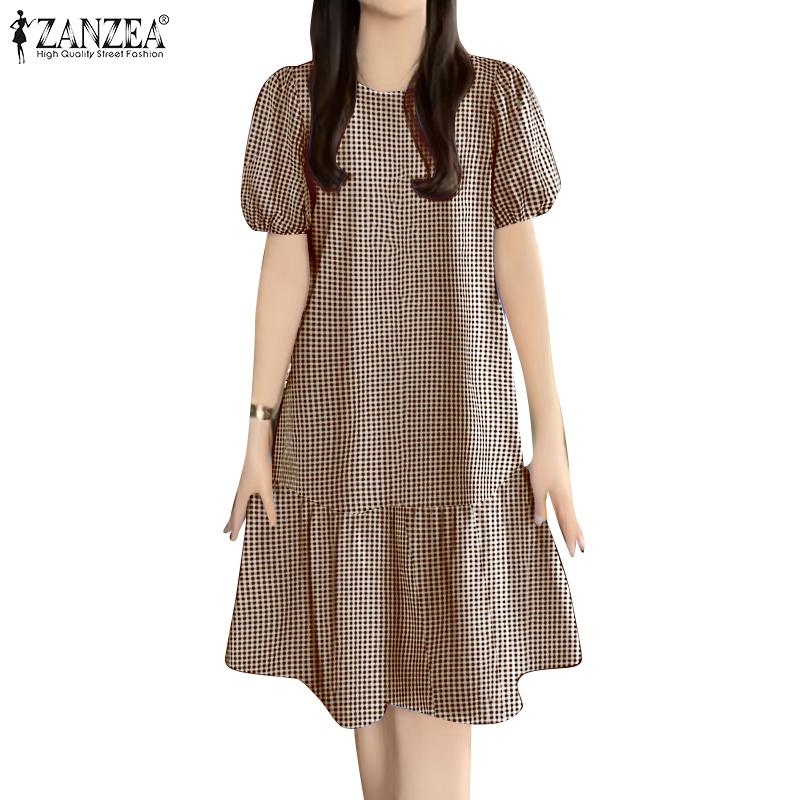 ZANZEA Women Casual Round Neck Grid Print Short Sleeve Dress