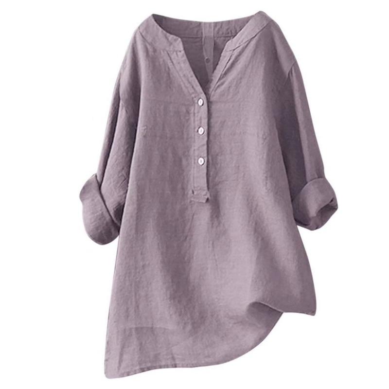 Women S Loose Solid Stand Collar Long Sleeve Cotton Linen Shirt