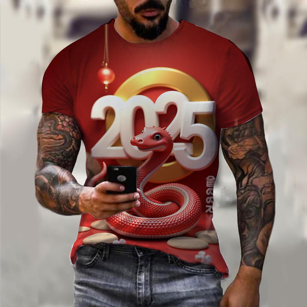 T-shirt décontracté à manches courtes pour homme imprimé 3D Année du Serpent du Nouvel An 2025 Confortable Respirant Imprimé Rétro