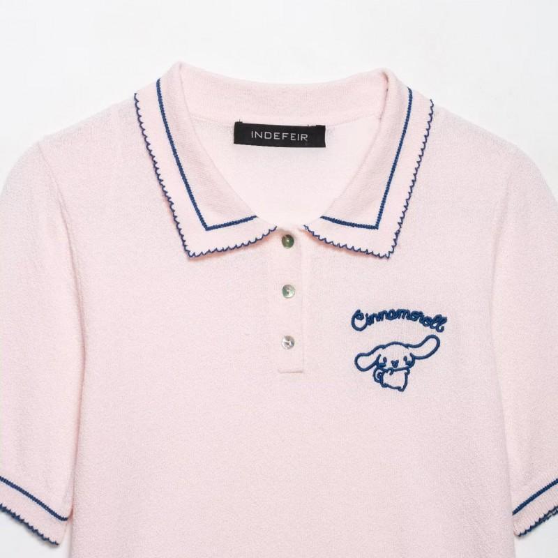 2026 Womens Cinnamoroll Embroidered Polo Shirt Slim Fit Short Sleeve Knit Top Casual Style