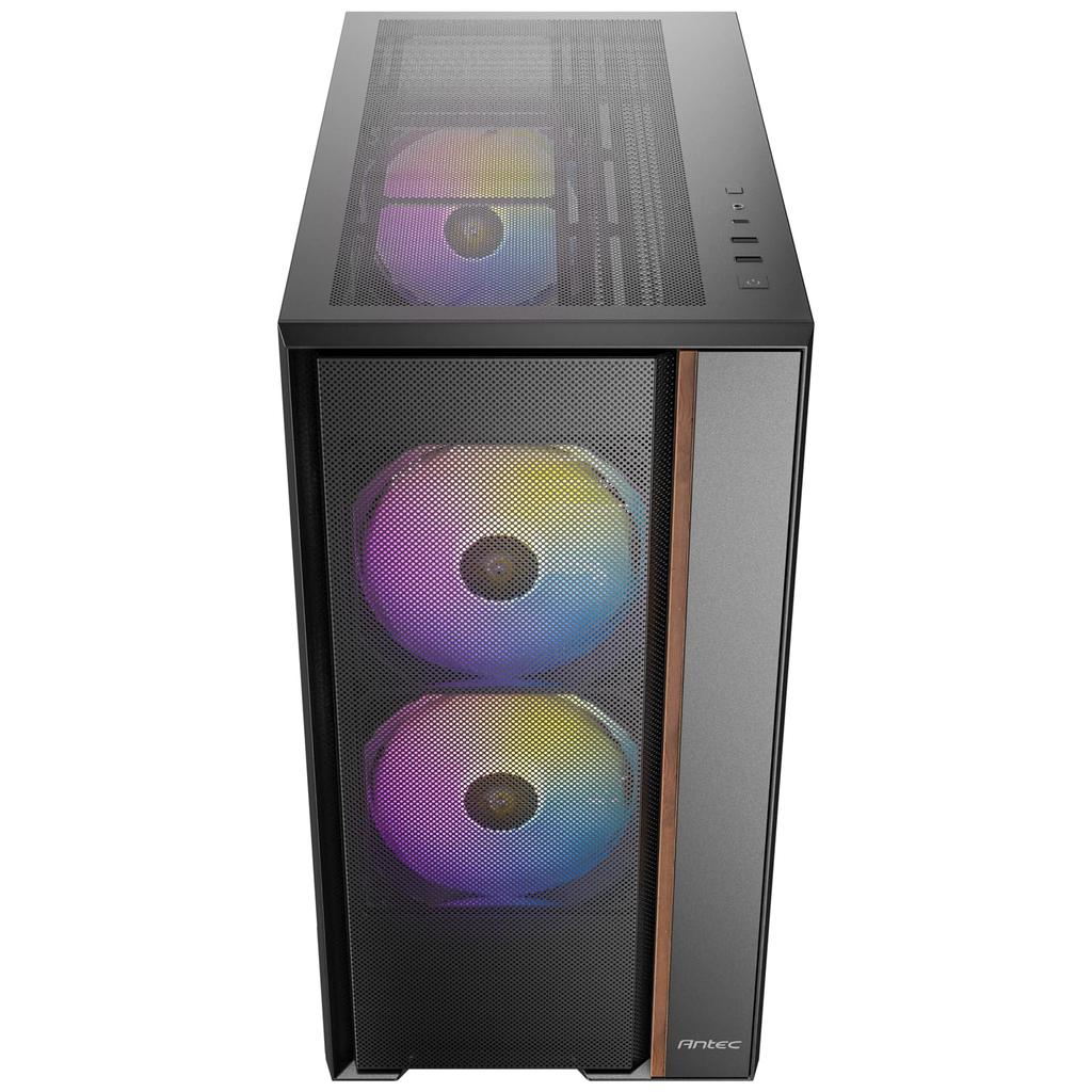 ANTEC FLUX REAR Mid Tower Case: A mid-tower PC case with a wooden front panel and a tempered glass side panel for enhanced cooling.