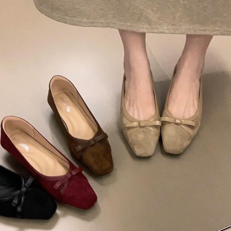 Spot version 2025 autumn new square head bow low heel casual single shoes one pedal light mouth ladyshoes commuter shoes