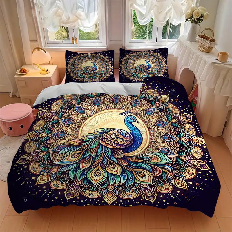 3pcs Beautiful Peacock Printed Quilt Set - Includes 1 Quilt Cover and 2 Pillowcases, Machine Washable - Suitable for All Seasons.W003