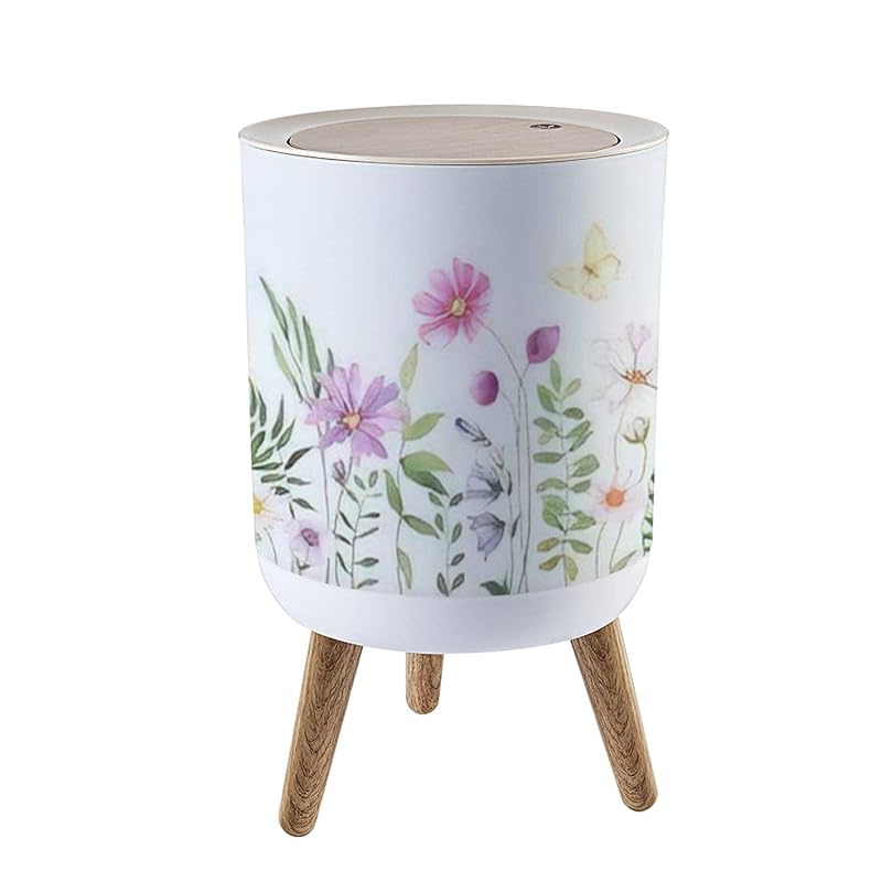 

Small Trash Can with Lid Wildflowers green wild plants and flying butterfly floral seamless Garbage Bin Round Waste Bin Press Cover Dog Proof Color6