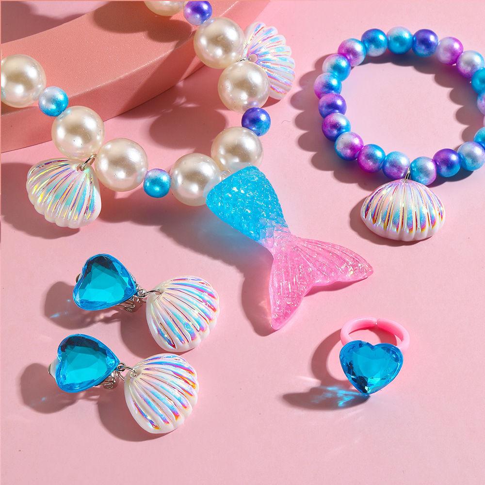 Children's Mermaid Necklace Set Girl Shell Fish Tail Little Girl Bracelet Princess Jewelry Cute Ear Clip Ring