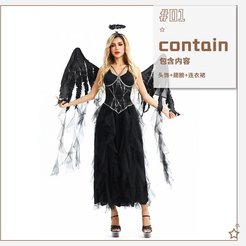 Halloween Adult Costume Female Dark Goth Ghost Bride Black Angel Demon Elf Vampire Horror Dress