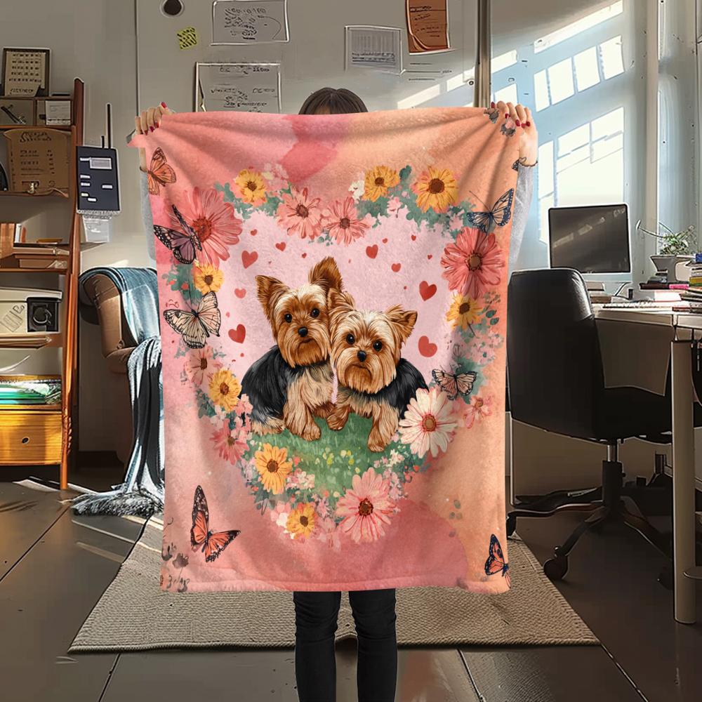 Yorkshire Terrier and Hearts pattern Flannel Blanket, High quality Comfortable for All Seasons, Home Decor, Warmth and Comfort, Perfect for Gifts.