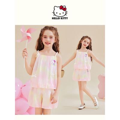 Hellokitty Girls Summer Suit 2025 New Cartoon Pink Home Clothes Kidsren's Suspender Shorts Two-Piece Set
