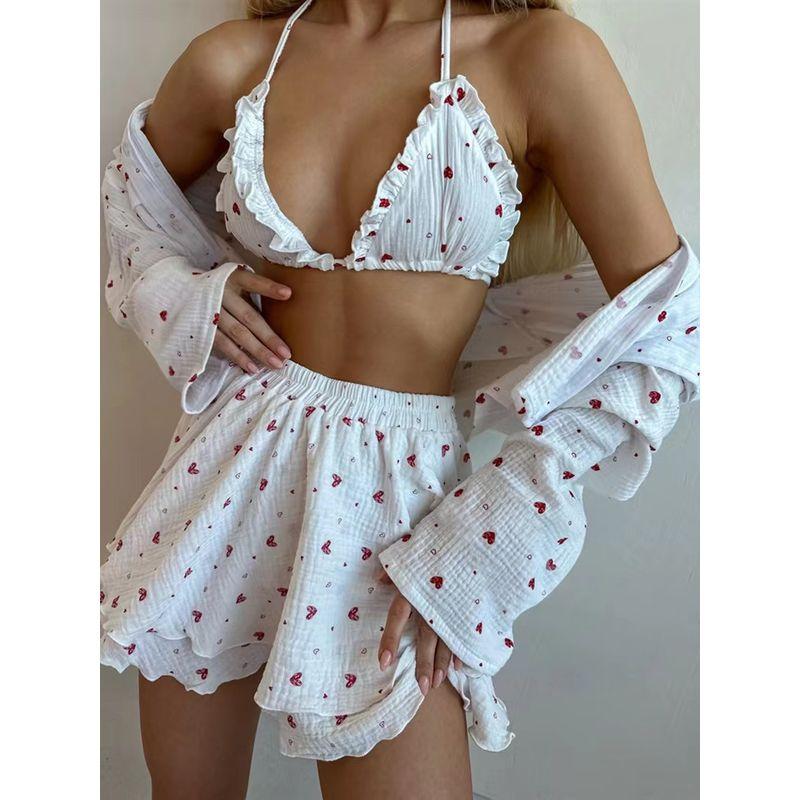 

European and American Sexy Tube Top Print Pajamas Shorts Pajamas Three-Piece Home Wear Sexy Three Piece Set White S