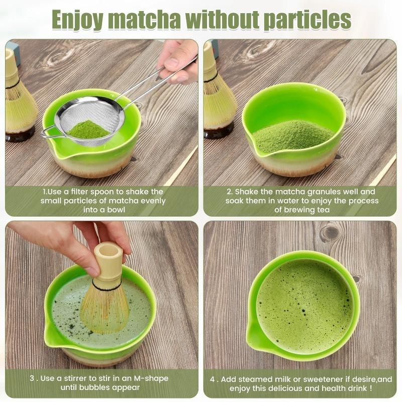 4Pcs Matcha Whisk Set Plastic Matcha Whisk Traditional Bamboo Wood Tea Scoop Deep Scoop Tea Strainer Clear Whisk