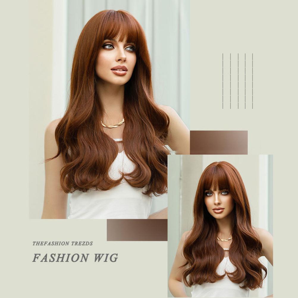 Women's Simulated Wig 60cm Hair Brown Hair Wavy Wig Full Head Cover Rose Hair Net Headwear Beauty Decoration Wig