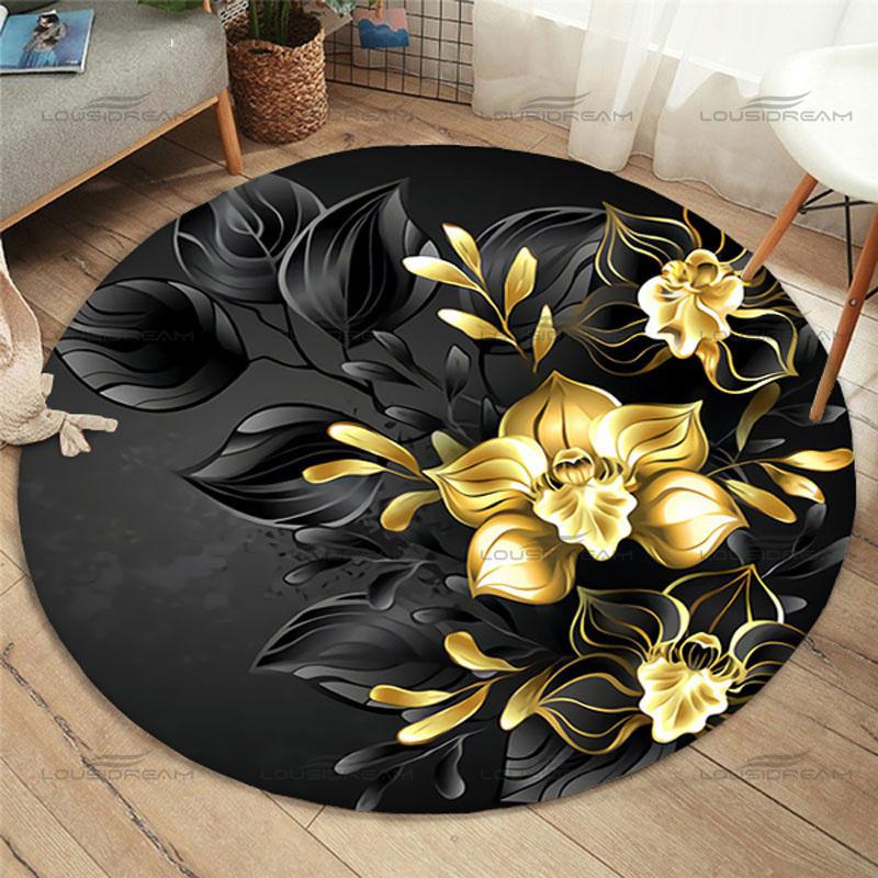 Gold Rose Pattern Floor Mat Fashion Round Rose Rug Home Anti-slip Children's Bedroom Rug Living Room Rug Home Decor Floor Mats