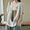 Summer Women's Artistic Retro Short Sleeve Shirt Loose Slimming Casual Print Top Trendy Round Neck Regular