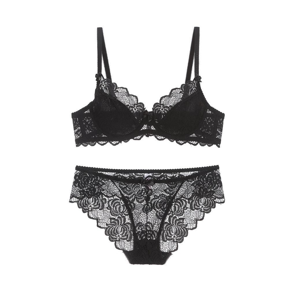 European and American Bra Set with Underwire and No Sponge Thin Double-layer Mesh Lace Underwear