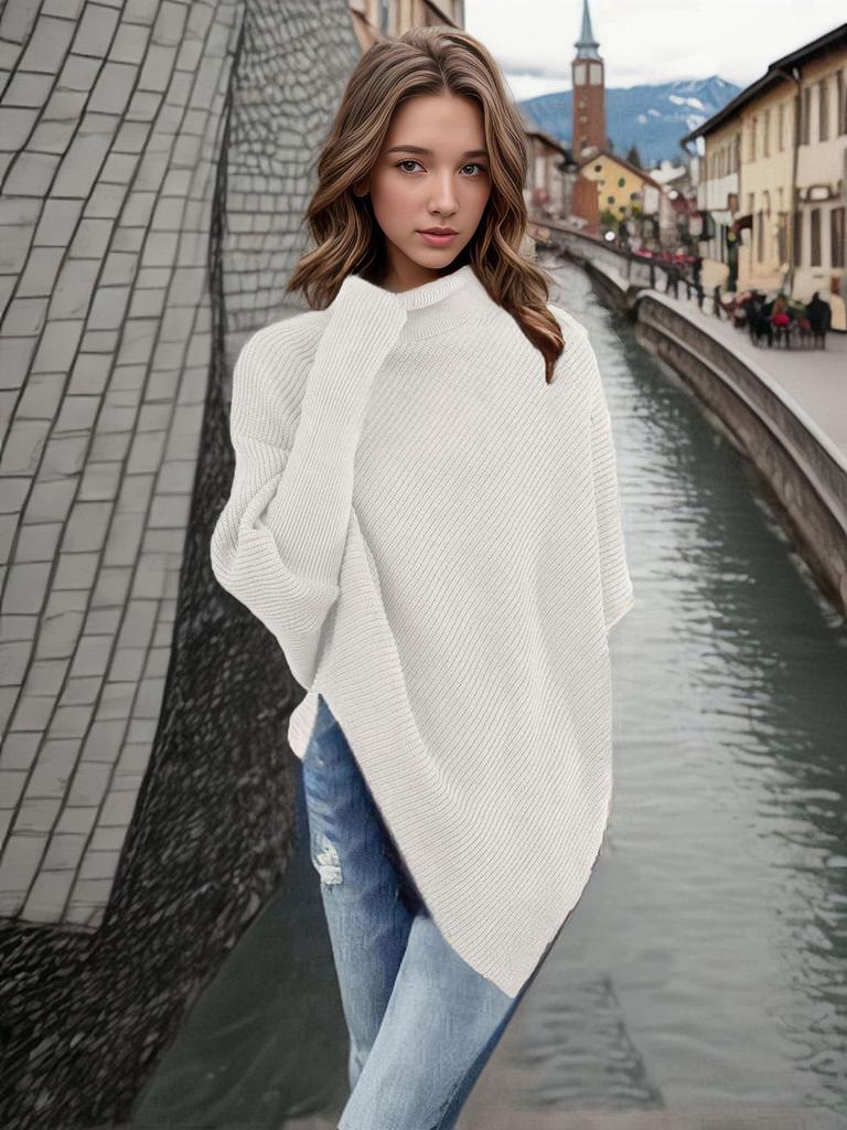 Casual Solid Knit Sweater Ladies V Neck Crew Neck Warm Daily Long Sleeve Blouse