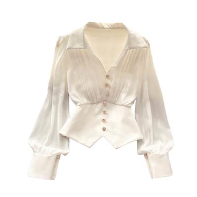 Camisa Tamanho Grande Botões Lapela Decote V Estilo Puff Manga Longa Decoração Bainha Irregular Cor Sólida Tops