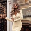 Women Fashion Long Sleeve Deep V-Neck Pleated Solid Color Plus Size Package Hip Party Mini Dress