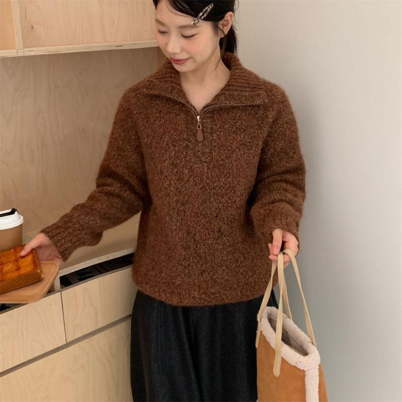 Flower Yarn Half Zipper Pullover Knitted Sweater Outer Wear Autumn and Winter New Loose Versatile Sweater Women's Top Thick