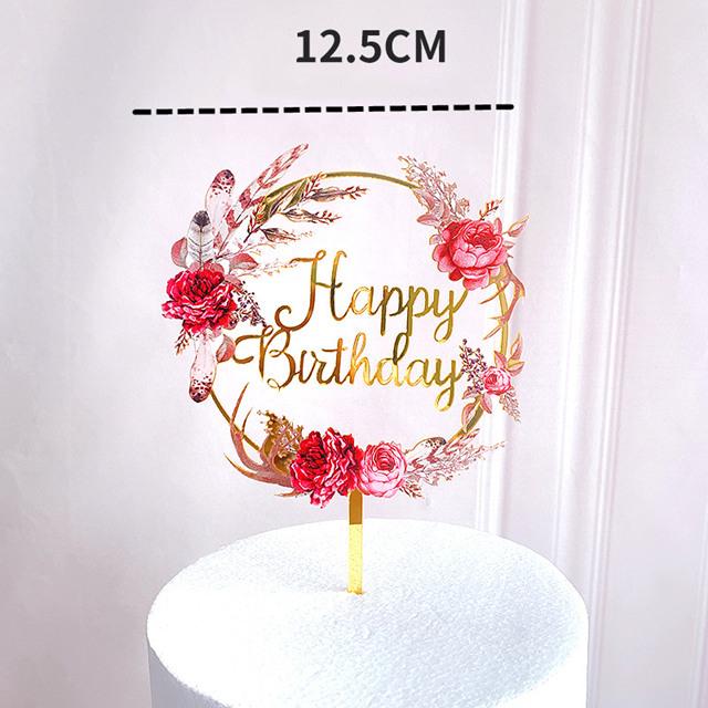 Neuer farbiger Blumen Happy Birthday Tortenaufsatz Goldener Acryl Geburtstagsparty Dessert Dekoration für Babyparty Backzubehör