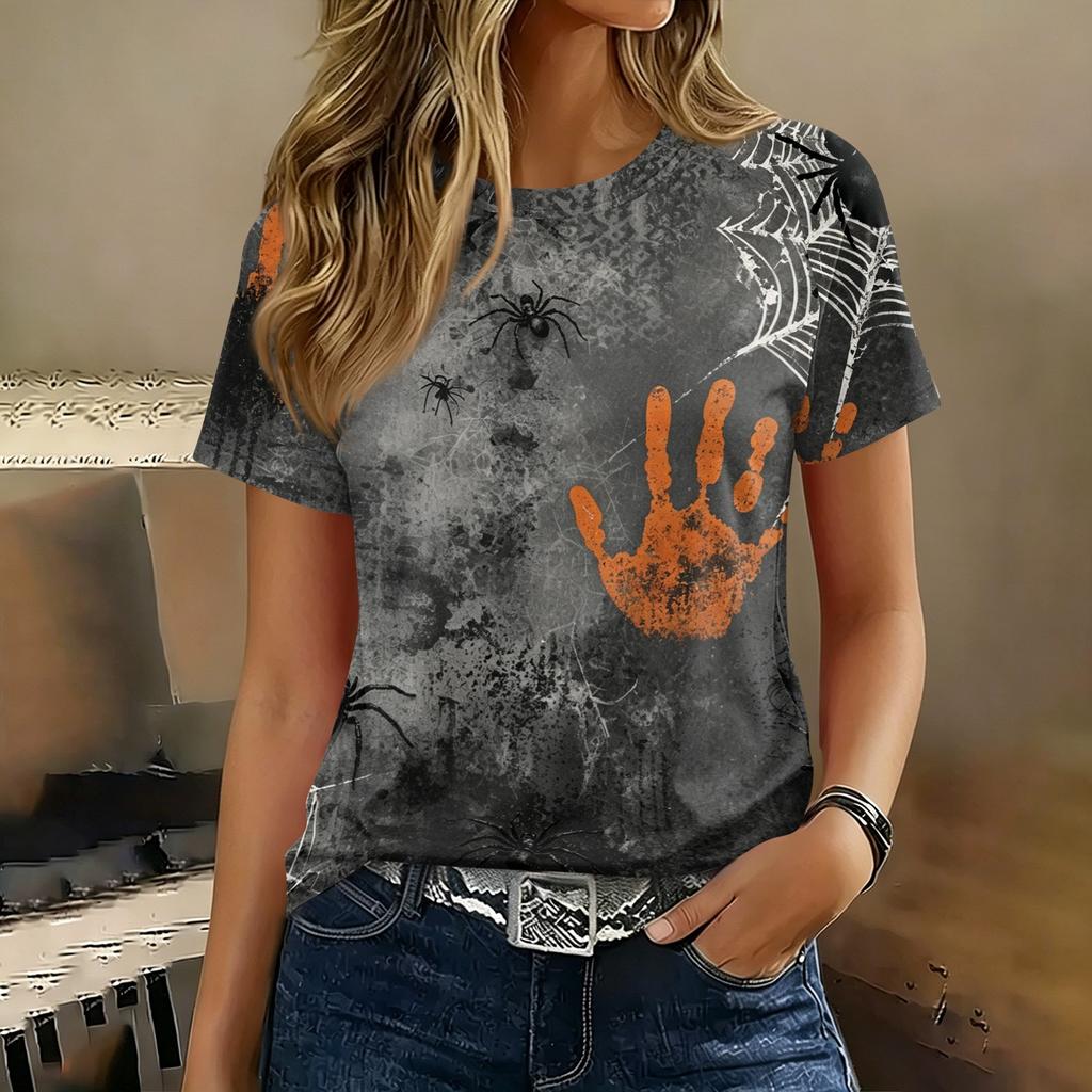Camiseta Ligera Informal para Mujer con Mangas Raglán, Cuello Redondo y Manga Corta, Estampado Gráfico Temático de Halloween