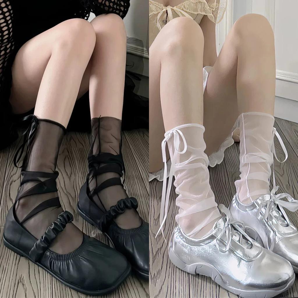 1/2Pairs Japanese See Through Mesh Middle Tube Socks For Women Girl Fairycore Ribbon Bowknot Loose Slouch Calf Socks