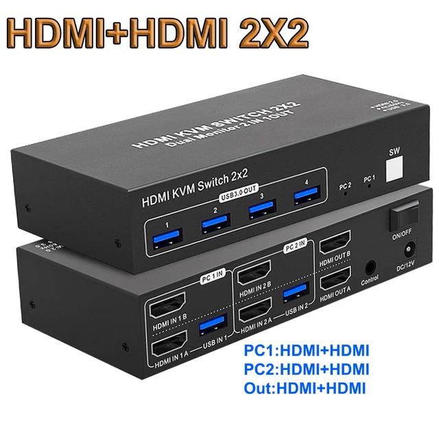 2X2 2 HDMI Port KVM Switch Dual Monitor 4K 60Hz for 2 Ports Extended Display USB 3.0 2-in-2 PC Mouse Keyboard