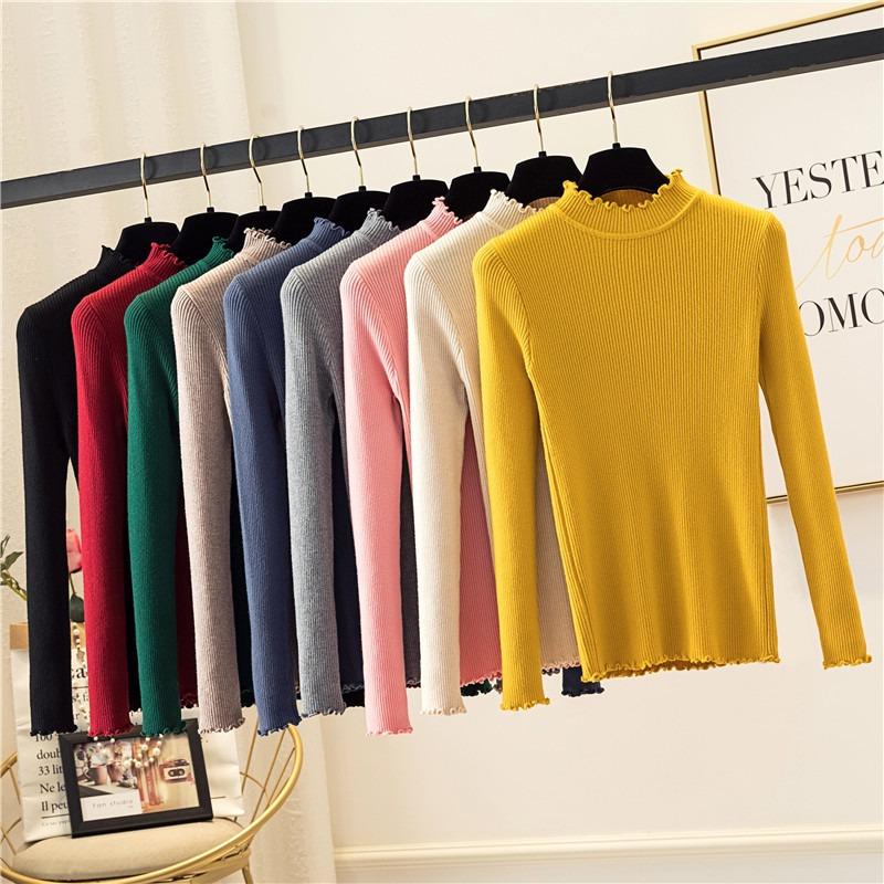 Autumn and winter new solid color pullover fungus edge bottoming knitted sweater women's slim and thin semi-turtleneck sweater women's