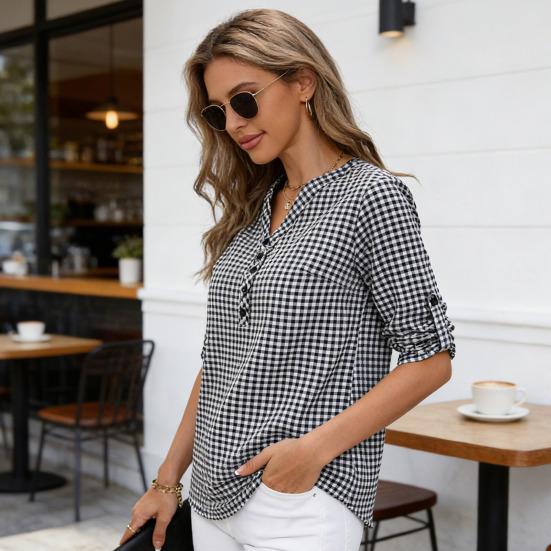 Dámská košile s výstřihem do V, na knoflíky, s polovičním zapínáním, 3/4 rukávy, ležérní topy, volný střih, kostkovaný vzor, dojížděcí styl, letní košilové topy