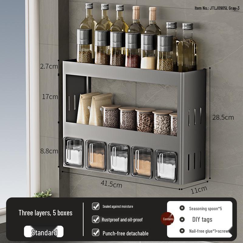 Punch-Free Wall-Mounted Kitchen Seasoning Rack with Jars