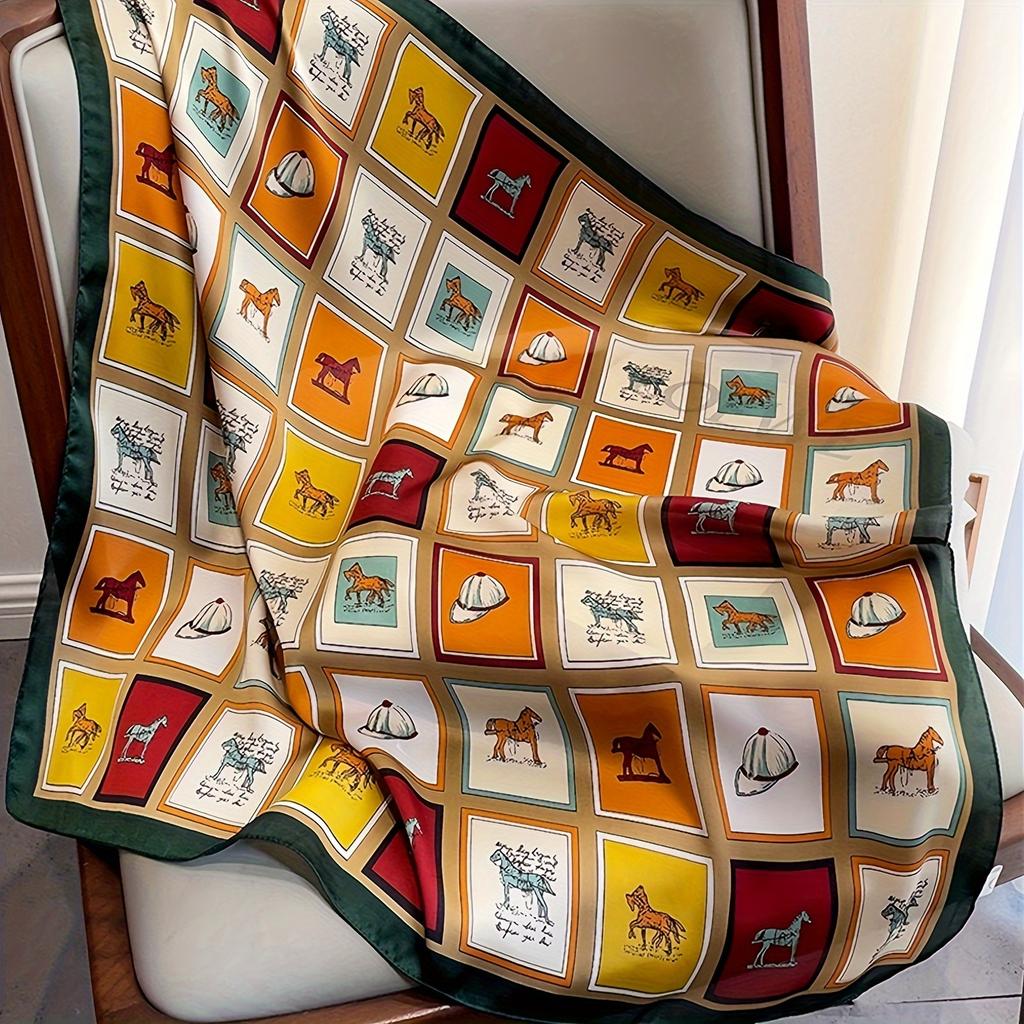 27,55" Rutenett Heste trykk Firkantet skjerf Simulert silke Hals skjerf Stilig Solbeskyttelse Hodeskjerf For Kvinner