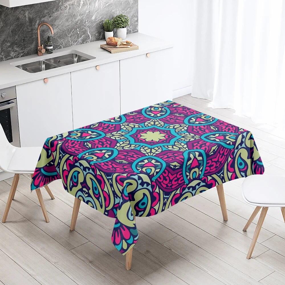 Psychedelic Geometric Mandala Pattern Rectangular Tablecloth Waterproof and Oilproof Wedding Restaurant Kitchen Table Decoration