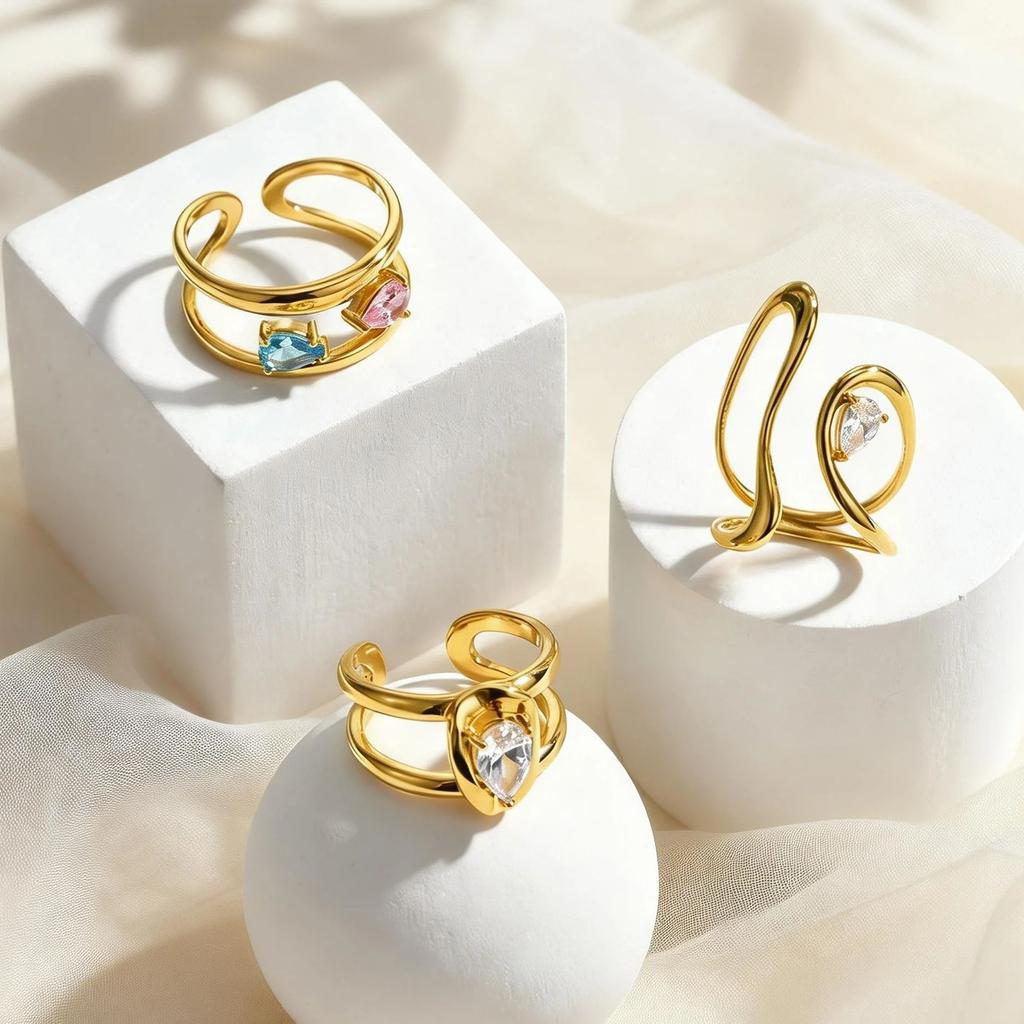 Fashion Shiny Zircon Geometric Line Open Rings for Women, High Quality Stainless Steel Ring, Gold Plated Luxury Finger Jewelry