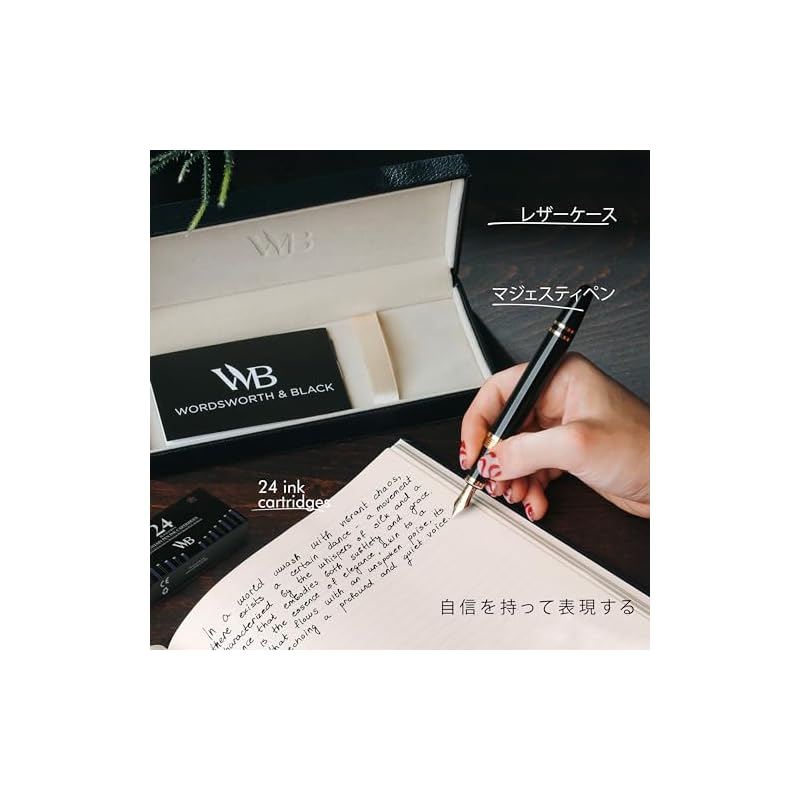 Wordsworth & Black Premium Metal Fountain Pen - Majesty (Black Gold) | 24 Fountain Pen Ink Cartridges (Black & Blue) | 24K Gold Finish | 18K