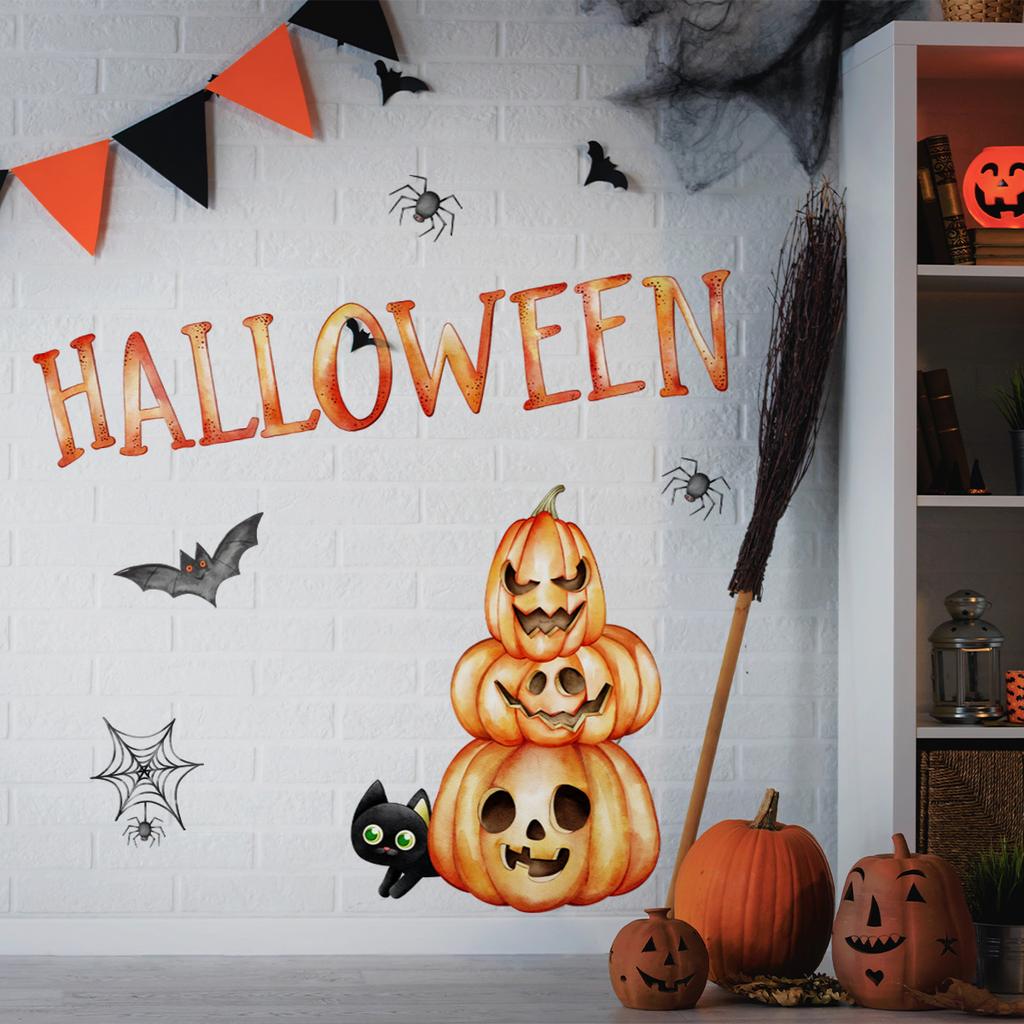 M20042 Hand-Painted Pumpkin Spider Web Bat Black Cat Wall Sticker Halloween Decoration Living Room Bedroom Background Self-Adhesive