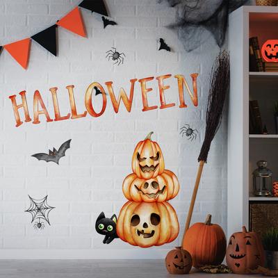M20042 Hand-Painted Pumpkin Spider Web Bat Black Cat Wall Sticker Halloween Decoration Living Room Bedroom Background Self-Adhesive